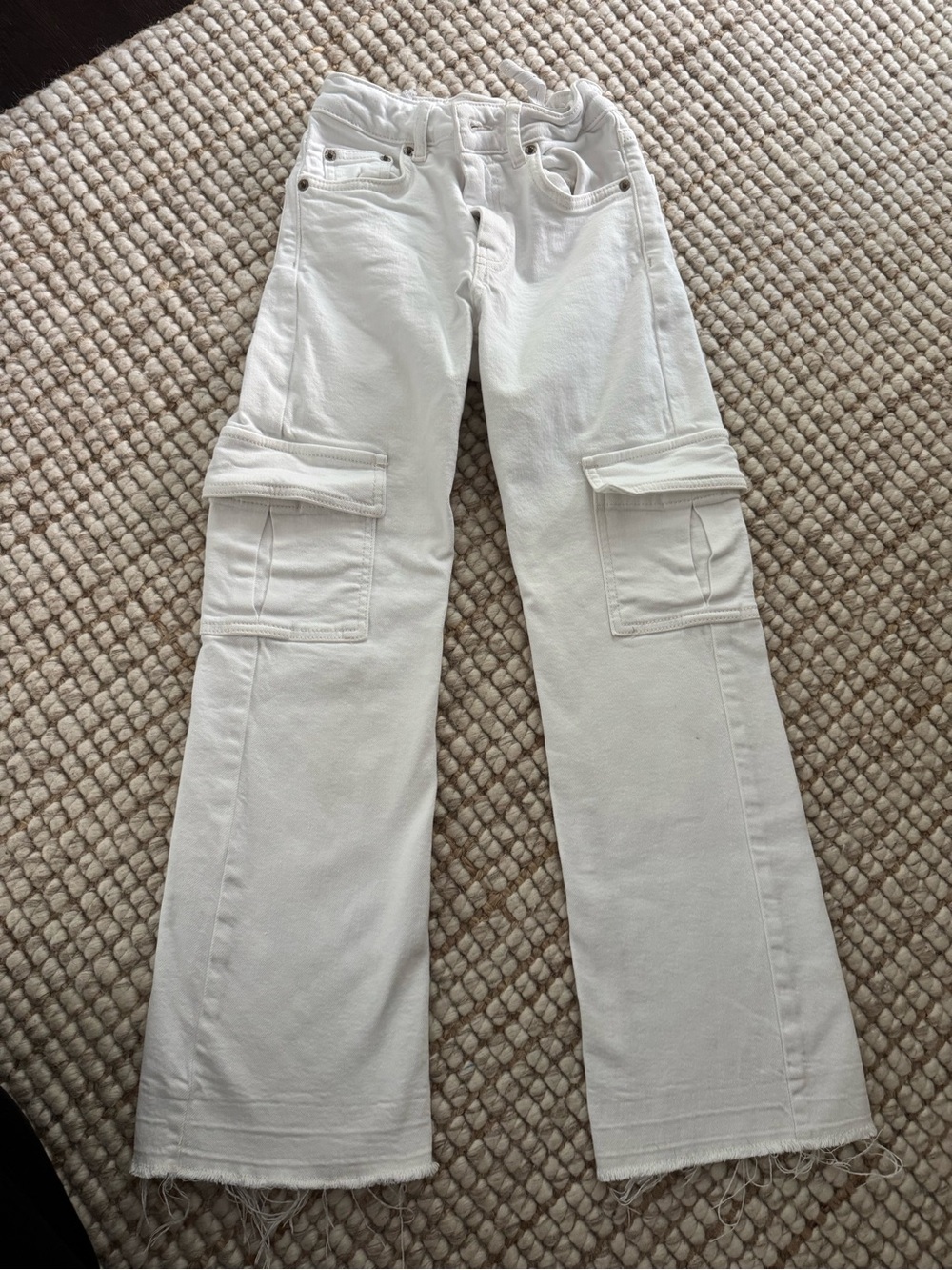 White Girls Cargo Jeans - Classic Wide Leg, Big Pockets, Adjustable Waist